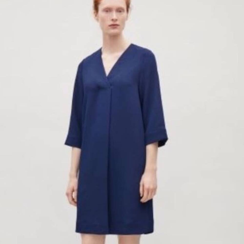 COS Navy Blue V-Neck 3/4 Sleeve Knee Length Sheath Dress Size XS